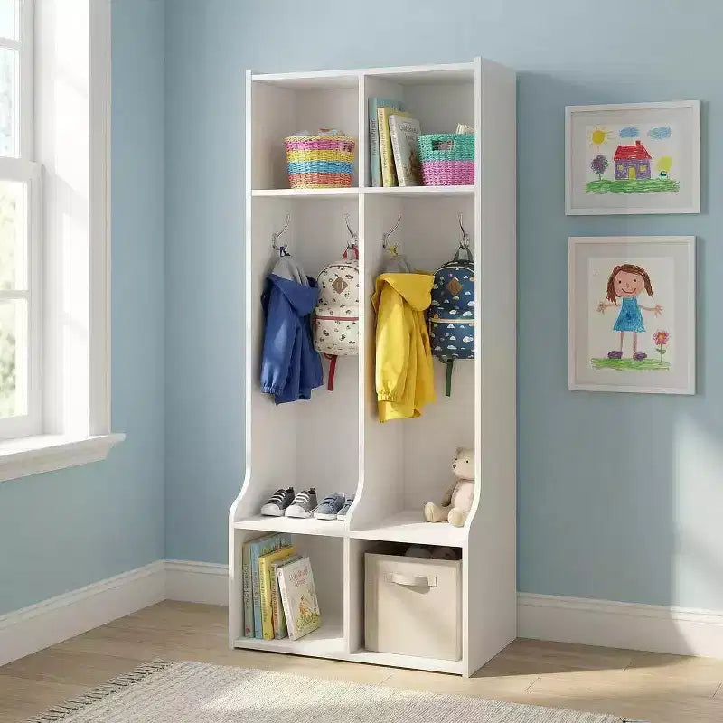 Vestiaire à 2 sections, 4 compartiments de rangement et 4 crochets, Organisateur durable pour la maison, la salle d'étude, la crèche, le jardin d'enfants