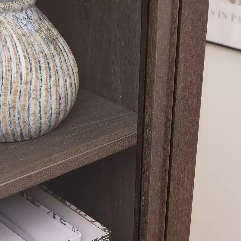 VIYET 63 Vitrine en verre à 4 niveaux, armoire en MDF marron + verre trempé (portes relevables pour objets de collection/jouets/livres)
