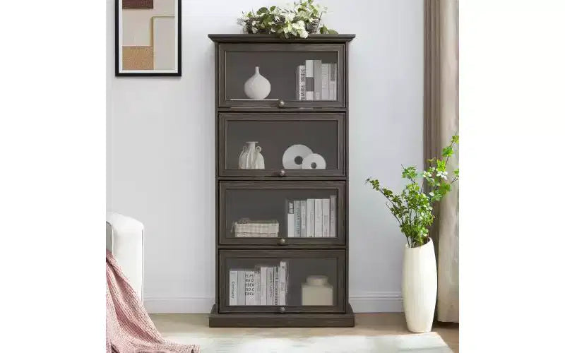 VIYET 63 Vitrine en verre à 4 niveaux, armoire en MDF marron + verre trempé (portes relevables pour objets de collection/jouets/livres)