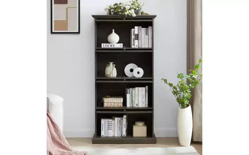 VIYET 63 Vitrine en verre à 4 niveaux, armoire en MDF marron + verre trempé (portes relevables pour objets de collection/jouets/livres)