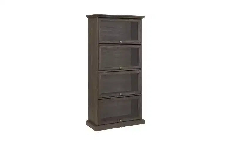 VIYET 63 Vitrine en verre à 4 niveaux, armoire en MDF marron + verre trempé (portes relevables pour objets de collection/jouets/livres)