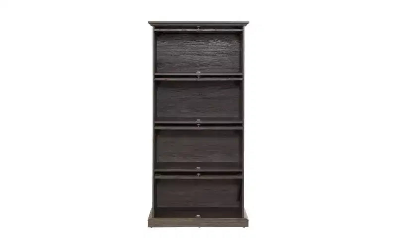 VIYET 63 Vitrine en verre à 4 niveaux, armoire en MDF marron + verre trempé (portes relevables pour objets de collection/jouets/livres)