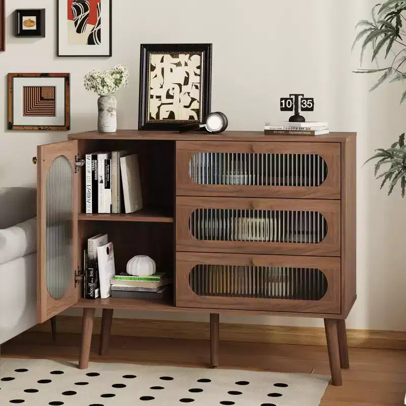 Armoire de Rangement d'Appoint Vintage avec Porte Vitrée, Pieds en Bois Massif, Petit Buffet d'Appoint pour Salon, Entrée ou Couloir-Panipeachy