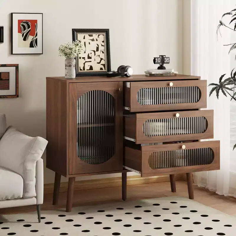 Armoire de Rangement d'Appoint Vintage avec Porte Vitrée, Pieds en Bois Massif, Petit Buffet d'Appoint pour Salon, Entrée ou Couloir-Panipeachy
