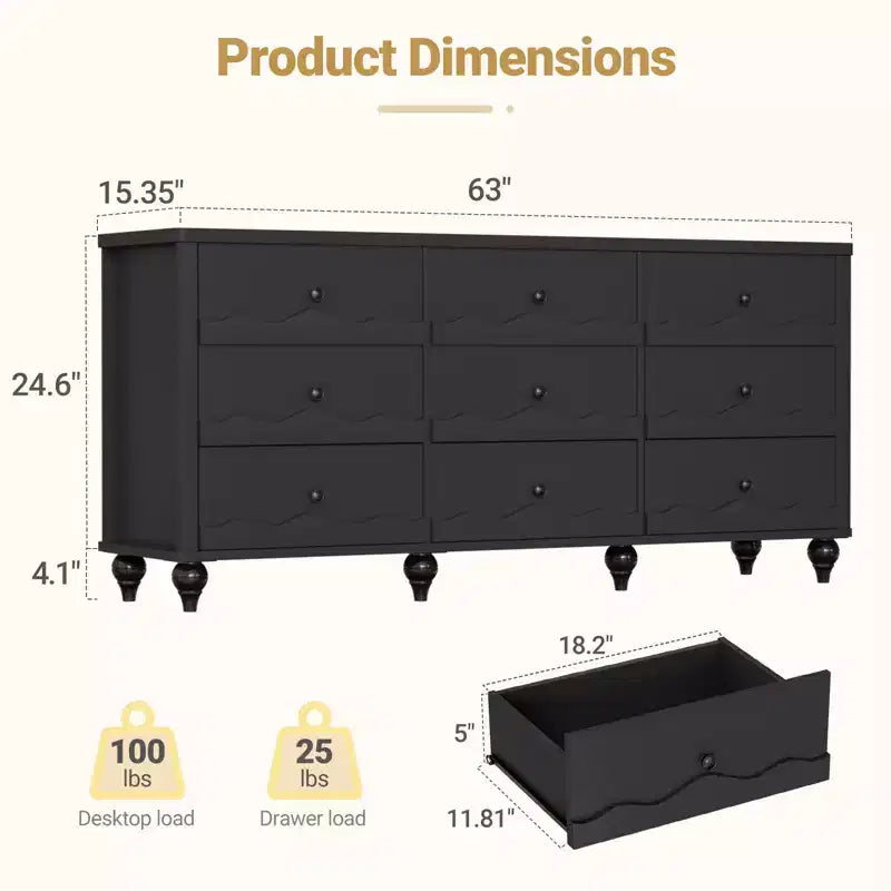 Armoire de rangement Besiost avec 9 tiroirs, commode en bois avec façade festonnée