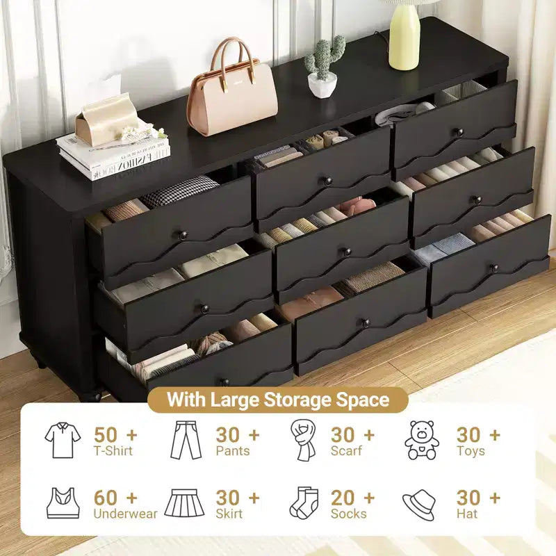 Armoire de rangement Besiost avec 9 tiroirs, commode en bois avec façade festonnée