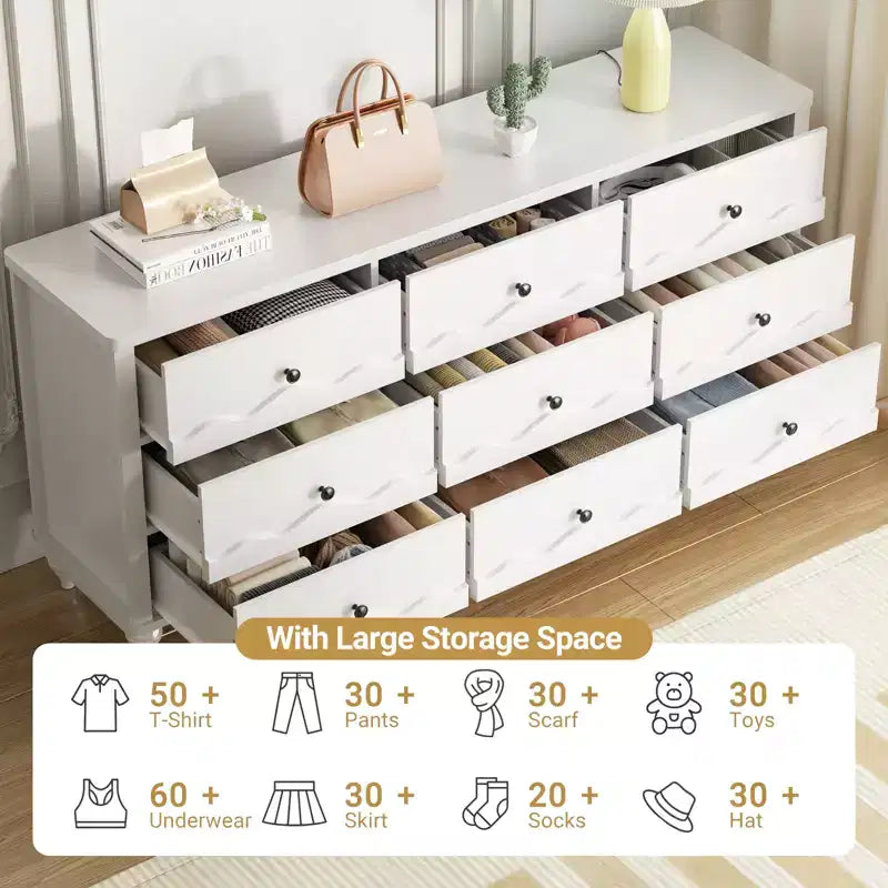 Armoire de rangement Besiost avec 9 tiroirs, commode en bois avec façade festonnée
