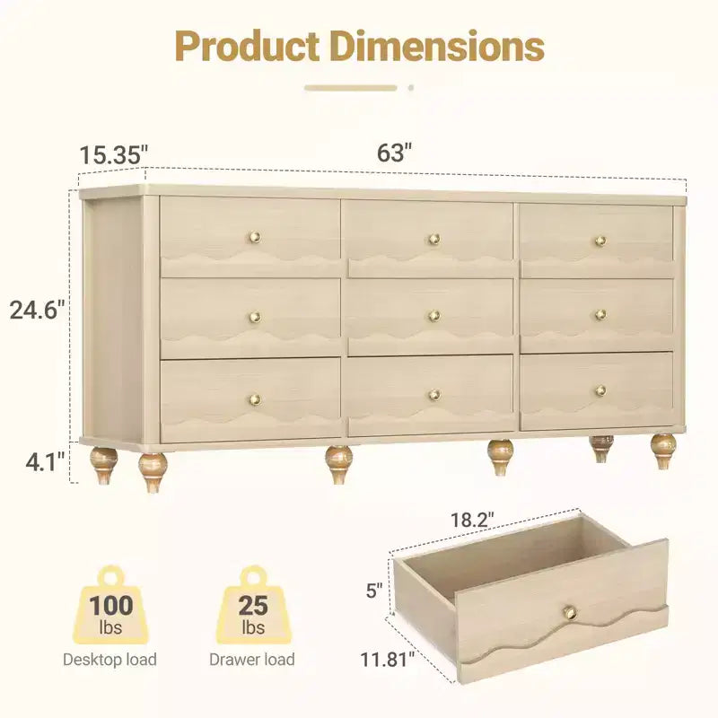 Armoire de rangement Besiost avec 9 tiroirs, commode en bois avec façade festonnée