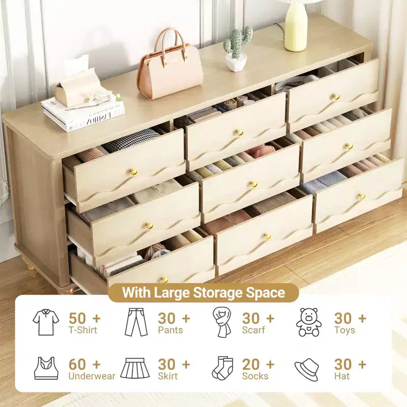 Armoire de rangement Besiost avec 9 tiroirs, commode en bois avec façade festonnée