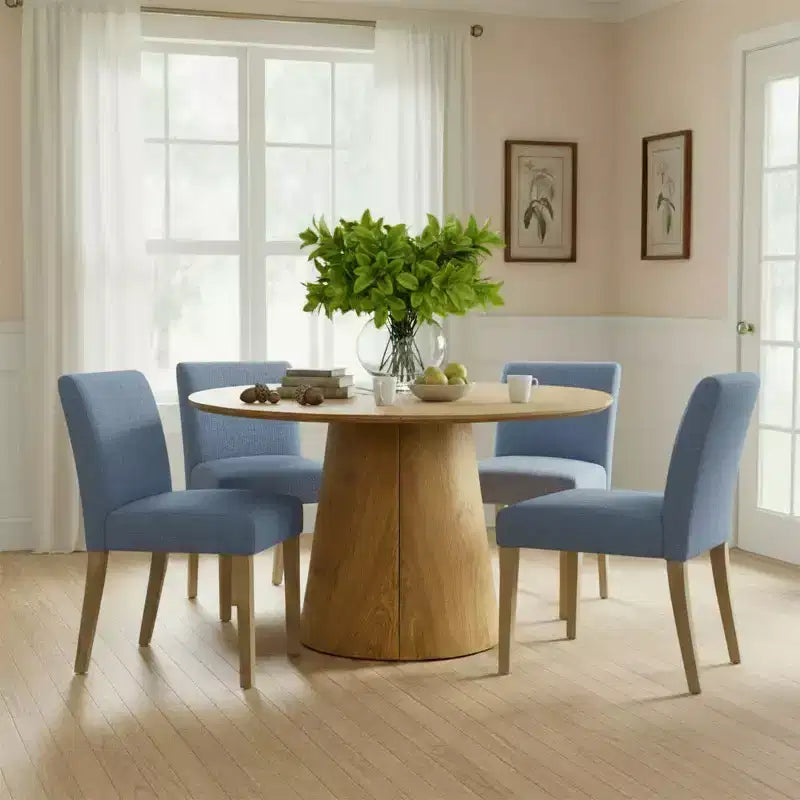 Ensemble table à manger extensible 120-210 cm pour 4 personnes, table finition bois naturel et 4 chaises sans accoudoirs rembourrées avec pieds en bois massif-Panipeachy