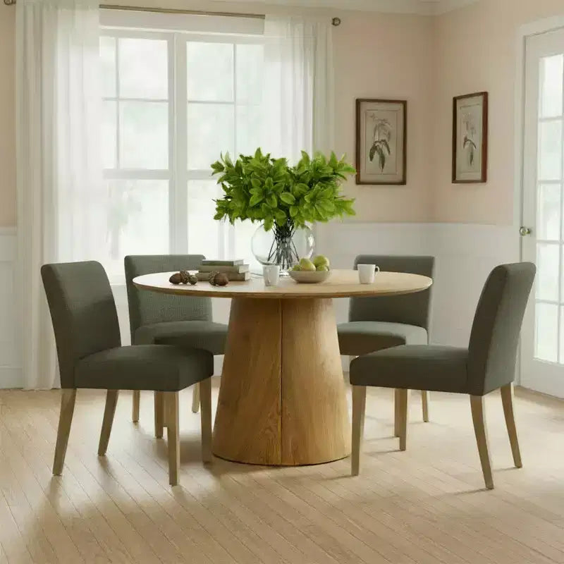 Ensemble table à manger extensible 120-210 cm pour 4 personnes, table finition bois naturel et 4 chaises sans accoudoirs rembourrées avec pieds en bois massif-Panipeachy