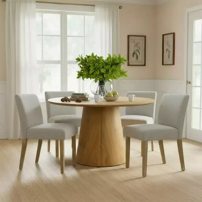 Ensemble table à manger extensible 120-210 cm pour 4 personnes, table finition bois naturel et 4 chaises sans accoudoirs rembourrées avec pieds en bois massif-Panipeachy