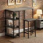 Ensemble table de cuisine 3 pièces avec étagères de rangement et 2 tabourets de bar – Table à manger en fer et bois pour condos, appartements, petits espaces