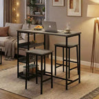 Ensemble table de cuisine 3 pièces avec étagères de rangement et 2 tabourets de bar – Table à manger en fer et bois pour condos, appartements, petits espaces