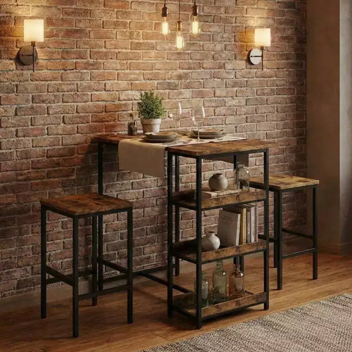 Ensemble table de cuisine 3 pièces avec étagères de rangement et 2 tabourets de bar – Table à manger en fer et bois pour condos, appartements, petits espaces
