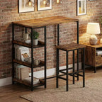 Ensemble table de cuisine 3 pièces avec étagères de rangement et 2 tabourets de bar – Table à manger en fer et bois pour condos, appartements, petits espaces