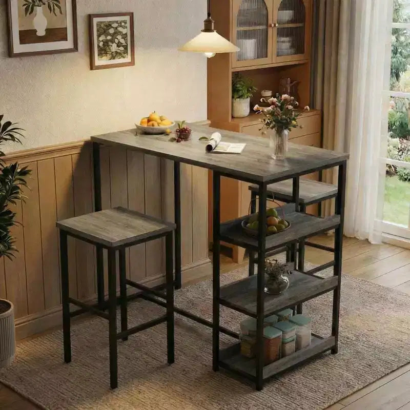 Ensemble table de cuisine 3 pièces avec étagères de rangement et 2 tabourets de bar – Table à manger en fer et bois pour condos, appartements, petits espaces