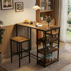 Ensemble table de cuisine 3 pièces avec étagères de rangement et 2 tabourets de bar – Table à manger en fer et bois pour condos, appartements, petits espaces
