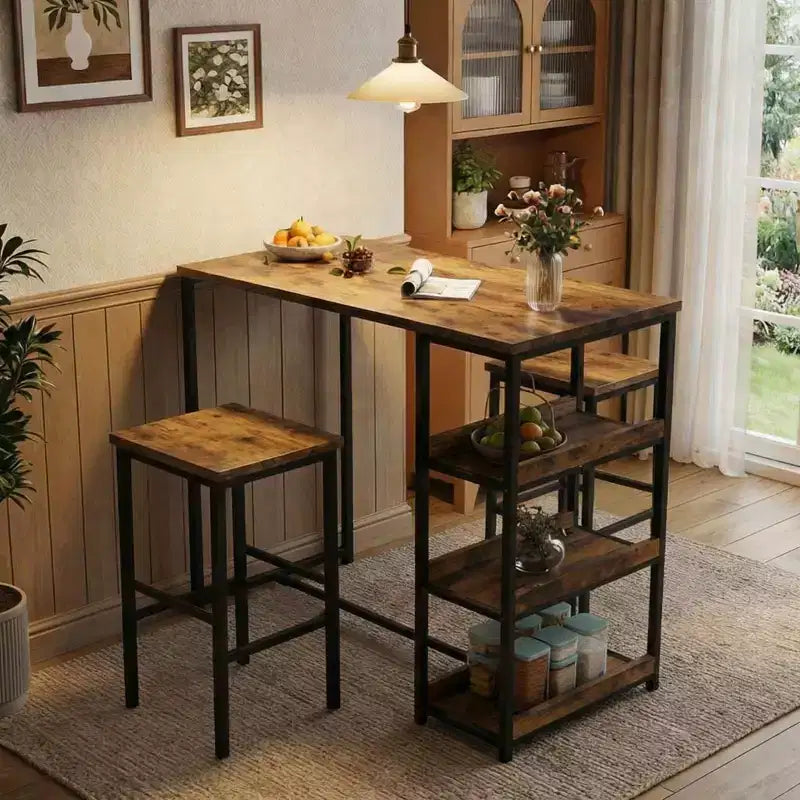 Ensemble table de cuisine 3 pièces avec étagères de rangement et 2 tabourets de bar – Table à manger en fer et bois pour condos, appartements, petits espaces