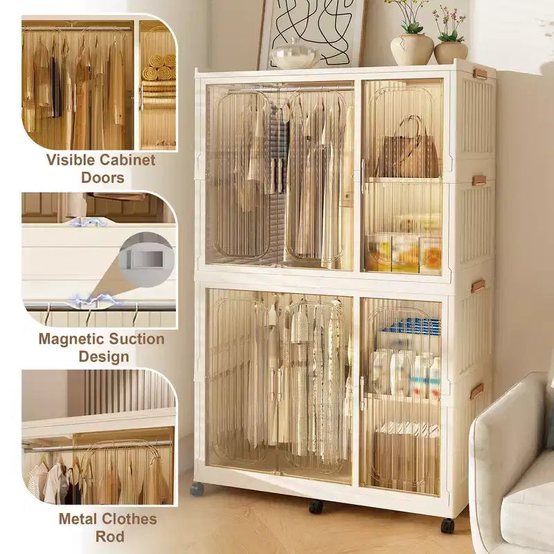 Clihome Armoire de rangement portable, commode à vêtements, 6 cubes et portes magnétiques, avec tringles de suspension, cintres