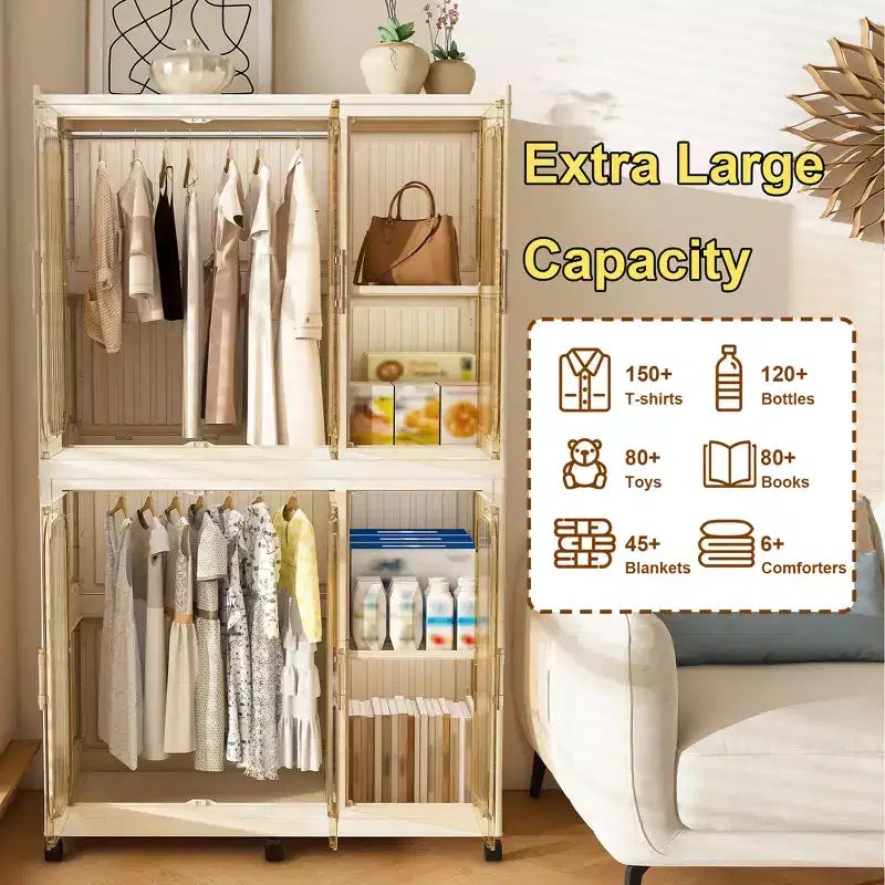 Clihome Armoire de rangement portable, commode à vêtements, 6 cubes et portes magnétiques, avec tringles de suspension, cintres