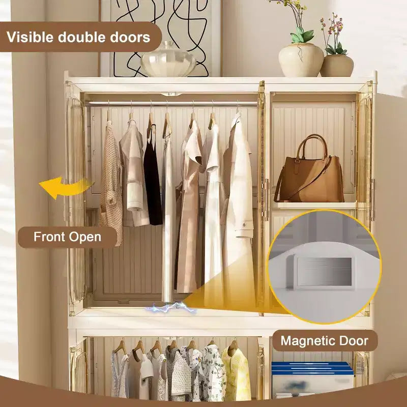 Clihome Armoire de rangement portable, commode à vêtements, 6 cubes et portes magnétiques, avec tringles de suspension, cintres