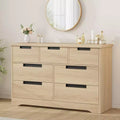 7 Drawer Wooden Dresser, Natural Double Dresser with Embedded Handles, Multifunctional Storage Chest of Drawers for Bedroom Living Room Nursery