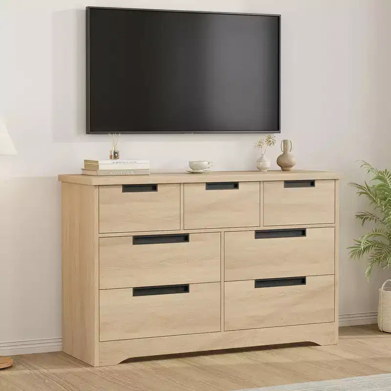 Commode en bois à 7 tiroirs, commode double naturelle avec poignées encastrées, commode de rangement multifonctionnelle pour chambre à coucher, salon et chambre d'enfant.