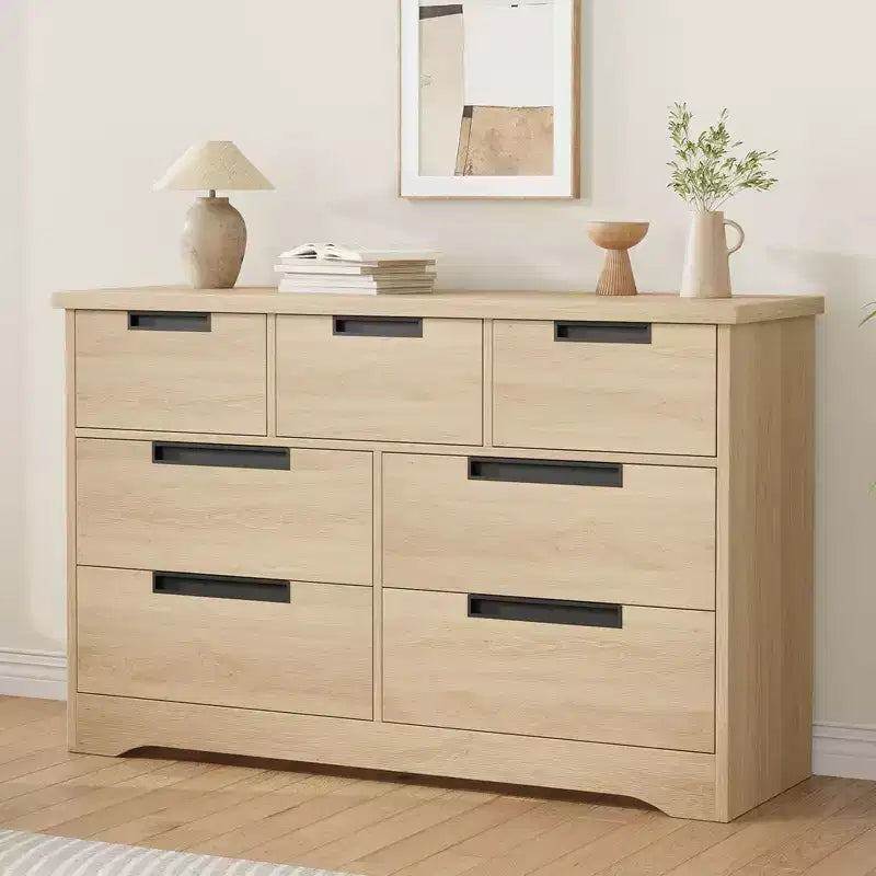 Commode en bois à 7 tiroirs, commode double naturelle avec poignées encastrées, commode de rangement multifonctionnelle pour chambre à coucher, salon et chambre d'enfant.