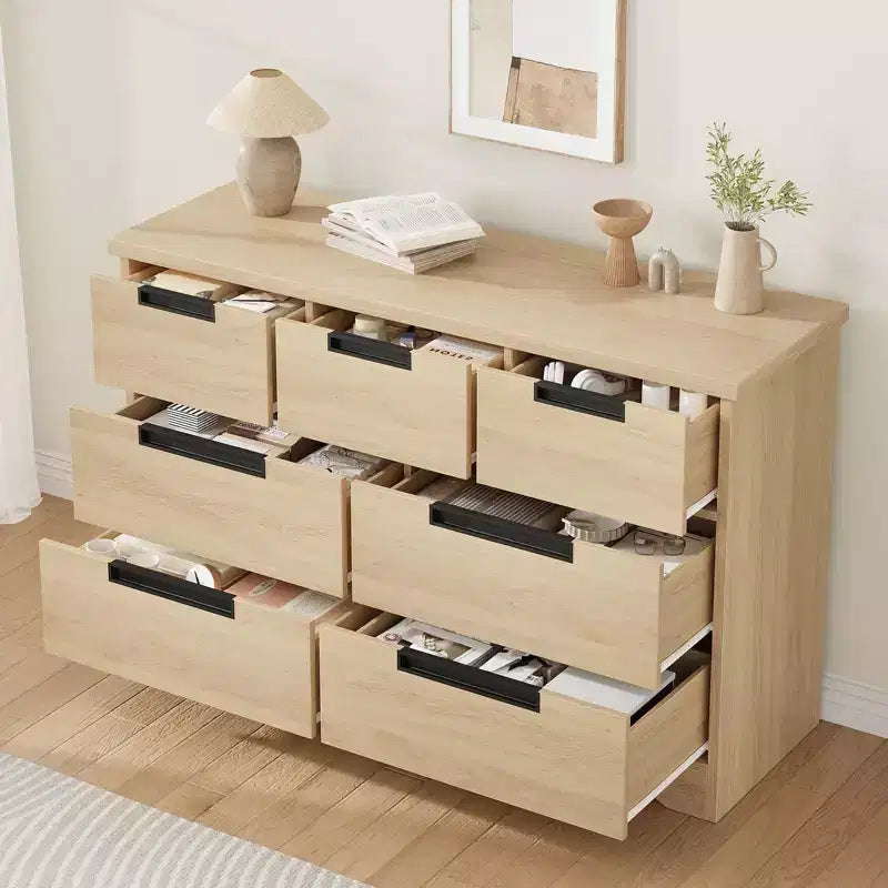Commode en bois à 7 tiroirs, commode double naturelle avec poignées encastrées, commode de rangement multifonctionnelle pour chambre à coucher, salon et chambre d'enfant.