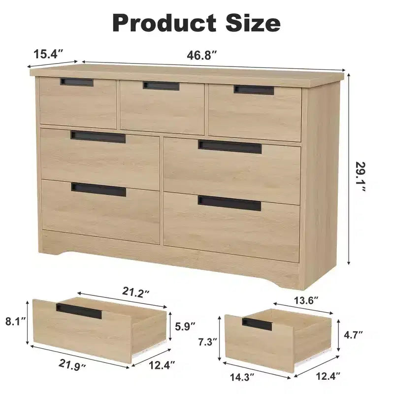 Commode en bois à 7 tiroirs, commode double naturelle avec poignées encastrées, commode de rangement multifonctionnelle pour chambre à coucher, salon et chambre d'enfant.