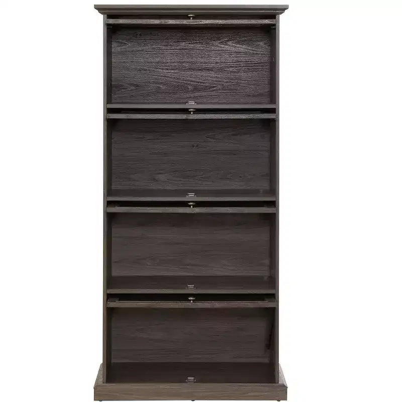 Vitrine à 4 niveaux en verre avec portes relevables, verre trempé et étagères réglables pour objets de collection