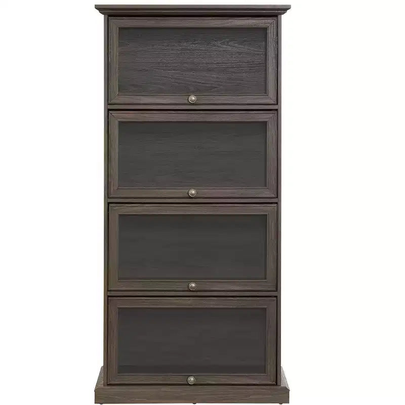 Vitrine à 4 niveaux en verre avec portes relevables, verre trempé et étagères réglables pour objets de collection