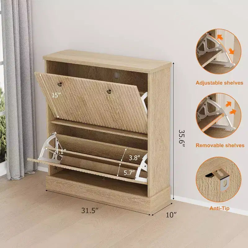 Meuble à chaussures cannelé de 31,5 po avec 2 tiroirs basculants - Organisateur d'entrée étroit avec étagères réglables pour couloir ou chambre à coucher