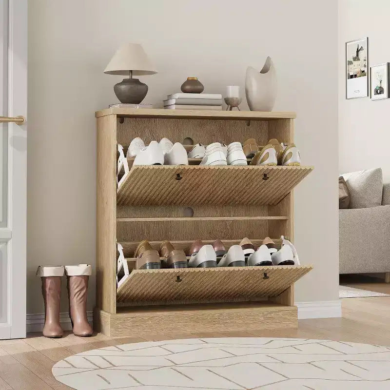 Meuble à chaussures cannelé de 31,5 po avec 2 tiroirs basculants - Organisateur d'entrée étroit avec étagères réglables pour couloir ou chambre à coucher