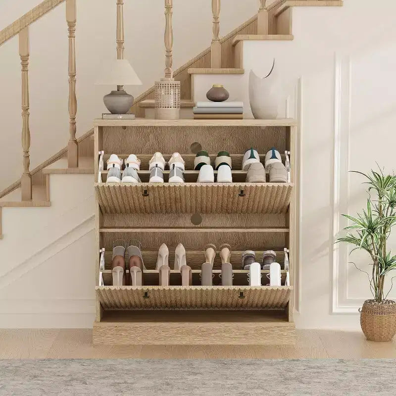 Meuble à chaussures cannelé de 31,5 po avec 2 tiroirs basculants - Organisateur d'entrée étroit avec étagères réglables pour couloir ou chambre à coucher
