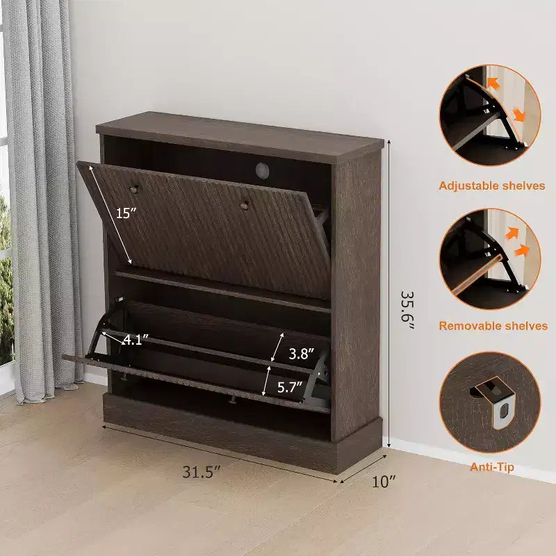 Meuble à chaussures cannelé de 31,5 po avec 2 tiroirs basculants - Organisateur d'entrée étroit avec étagères réglables pour couloir ou chambre à coucher