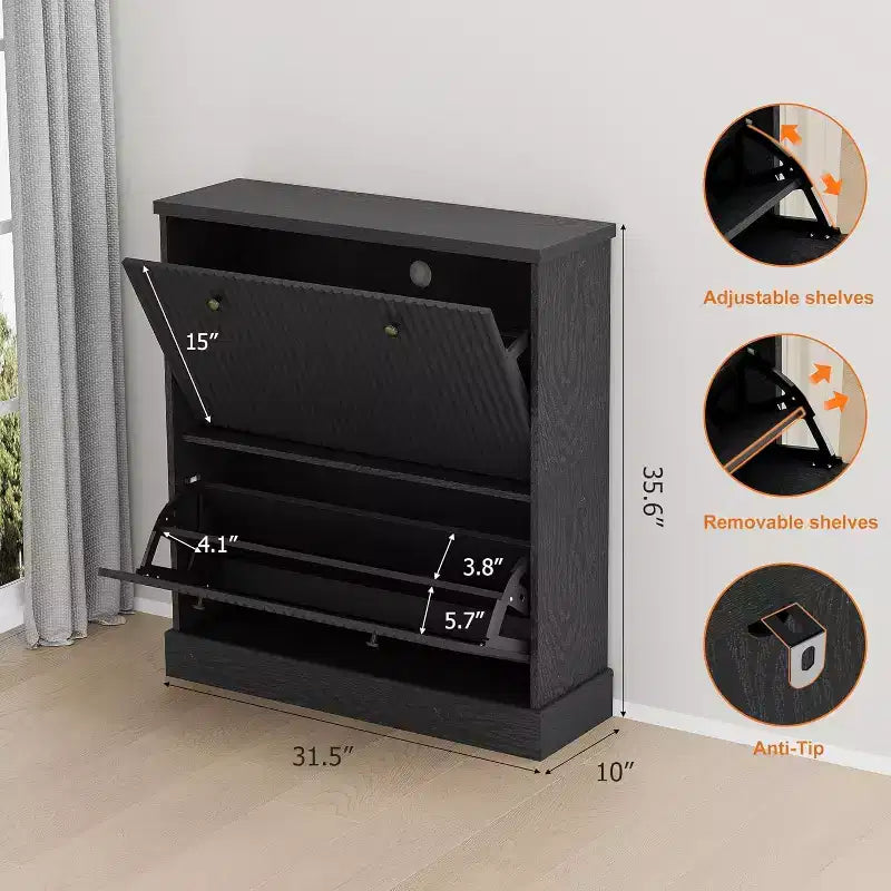Meuble à chaussures cannelé de 31,5 po avec 2 tiroirs basculants - Organisateur d'entrée étroit avec étagères réglables pour couloir ou chambre à coucher