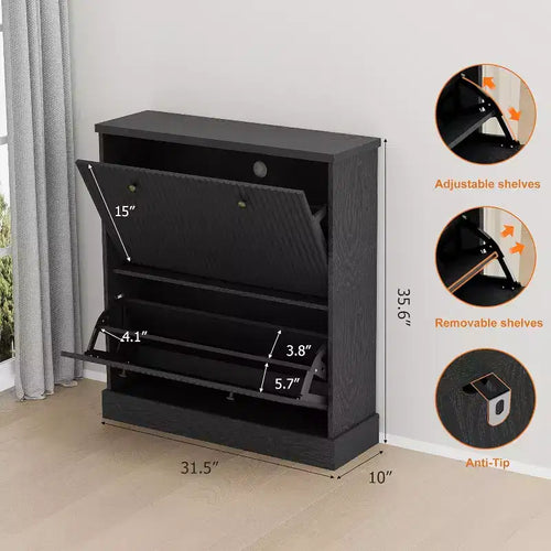 Meuble à chaussures cannelé de 31,5 po avec 2 tiroirs basculants - Organisateur d'entrée étroit avec étagères réglables pour couloir ou chambre à coucher