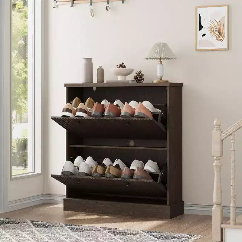 Meuble à chaussures cannelé de 31,5 po avec 2 tiroirs basculants - Organisateur d'entrée étroit avec étagères réglables pour couloir ou chambre à coucher