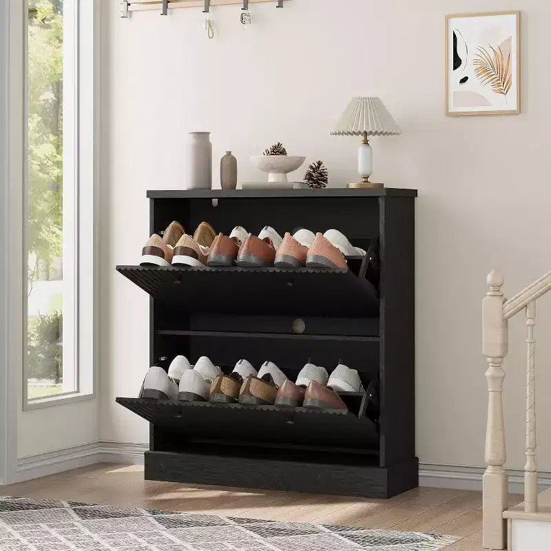 Meuble à chaussures cannelé de 31,5 po avec 2 tiroirs basculants - Organisateur d'entrée étroit avec étagères réglables pour couloir ou chambre à coucher