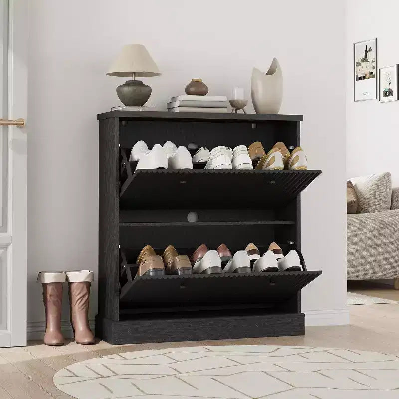Meuble à chaussures cannelé de 31,5 po avec 2 tiroirs basculants - Organisateur d'entrée étroit avec étagères réglables pour couloir ou chambre à coucher