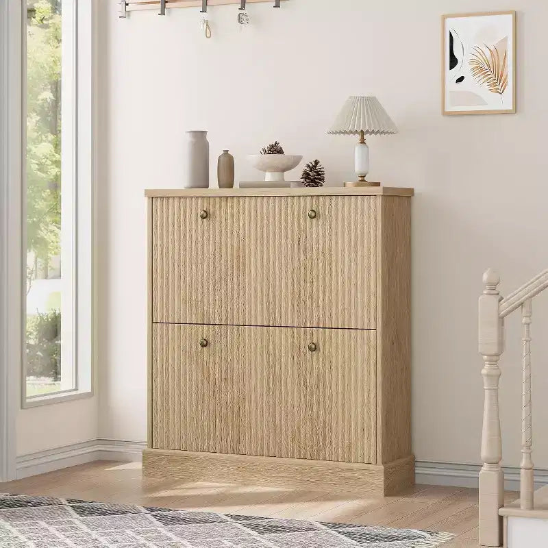 Meuble à chaussures cannelé de 31,5 po avec 2 tiroirs basculants - Organisateur d'entrée étroit avec étagères réglables pour couloir ou chambre à coucher