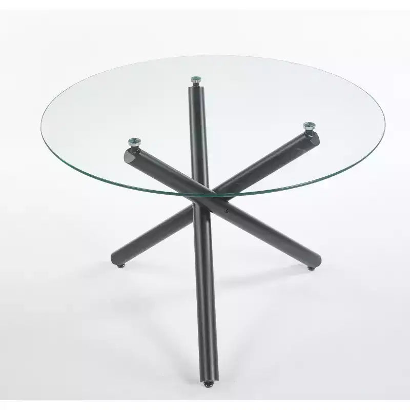 Table à manger noire avec pied en métal et plateau en verre, 110x110x75cm, design moderne peu encombrant pour cuisine ou salon
