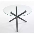 Table à manger noire avec pied en métal et plateau en verre, 110x110x75cm, design moderne peu encombrant pour cuisine ou salon