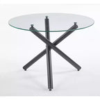 Table à manger noire avec pied en métal et plateau en verre, 110x110x75cm, design moderne peu encombrant pour cuisine ou salon