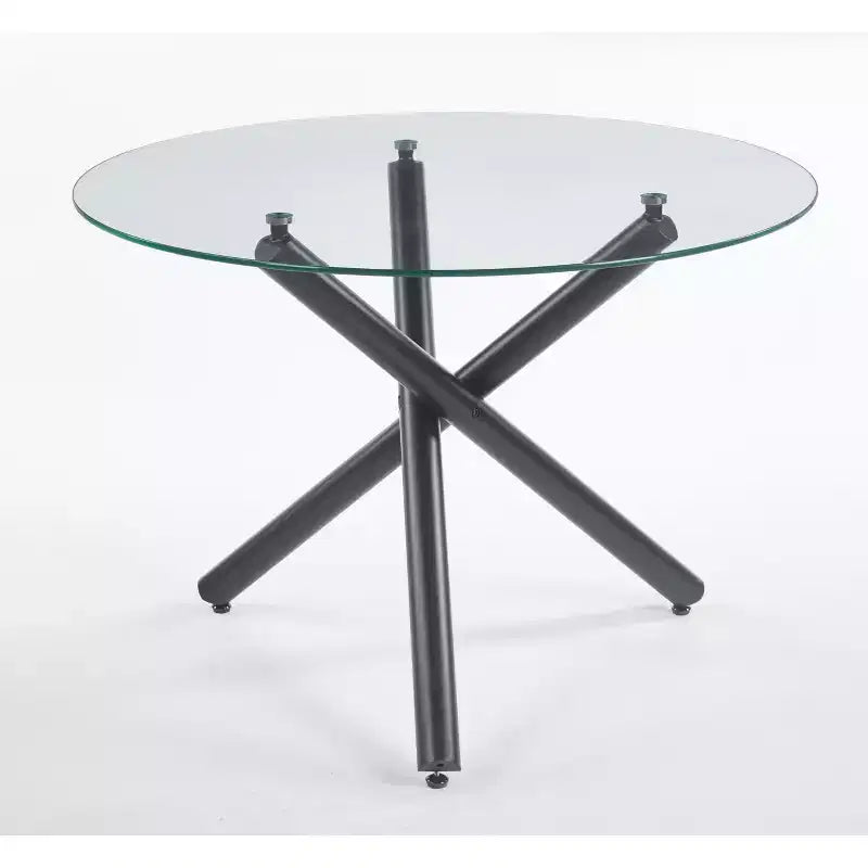 Table à manger noire avec pied en métal et plateau en verre, 110x110x75cm, design moderne peu encombrant pour cuisine ou salon