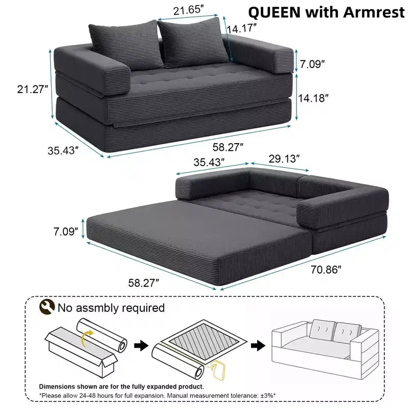 WARMOUNTS Canapé-Lit Pliable avec Dossier et Accoudoirs Réglables, Canapé-Lit Convertible Queen Size pour Salon et Bureau