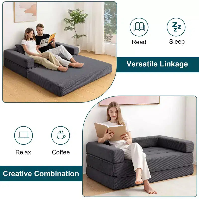 WARMOUNTS Canapé-Lit Pliable avec Dossier et Accoudoirs Réglables, Canapé-Lit Convertible Queen Size pour Salon et Bureau