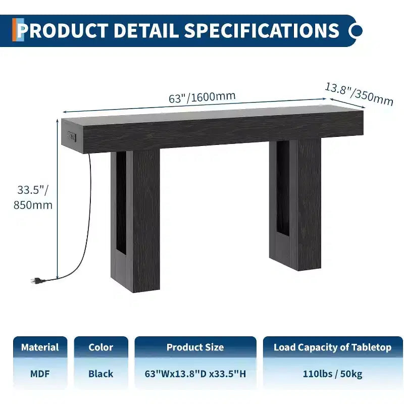 Console longue de 160 cm avec prises électriques, ports USB et Type-C intégrés. Table de canapé étroite pour entrée, couloir et salon, Noire